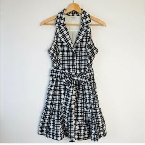 Anthropologie Black and White Collared V-Neck Belted Checkered Mini Dress